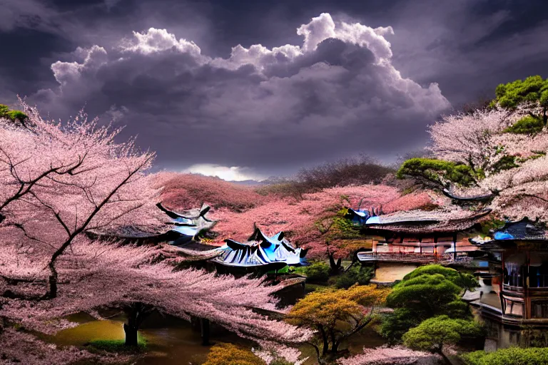 Prompt: Old japanese architecture in a Japanese valley, cherry blossom trees, dramatic sky, digital art, 4k, 8k, trending on ArtStation