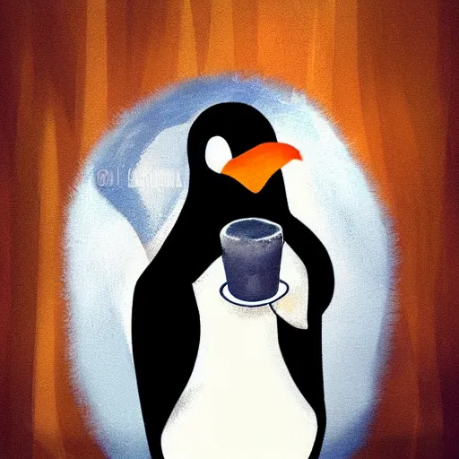 Image similar to penguin taking a coffee in the middle on the artic, trending in art station