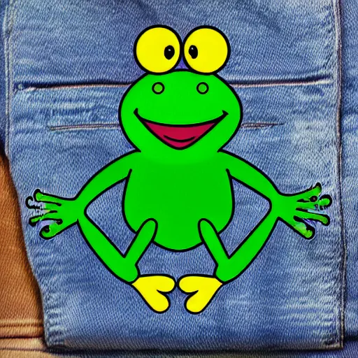 Image similar to cartoon, happy frog wearing a blue ikea bag as pants