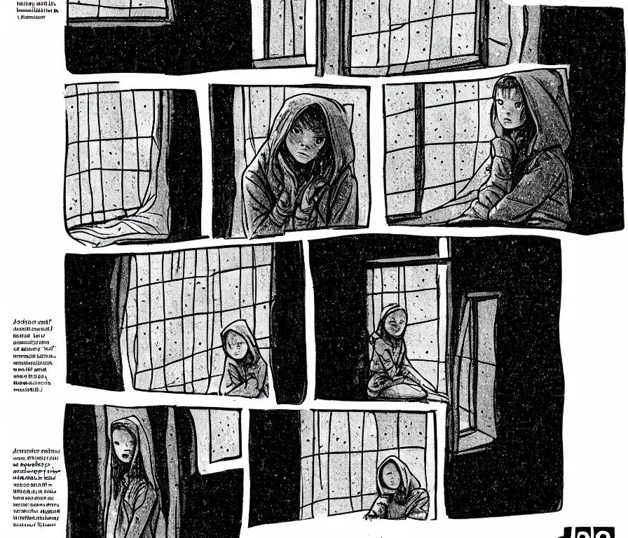 Image similar to sadie sink in hoodie sits on windowsill, knees tucked in | rain falls at night : storyboard, scifi cyberpunk. by joe alves, chris bonura. cinematic atmosphere, detailed and intricate, perfect anatomy