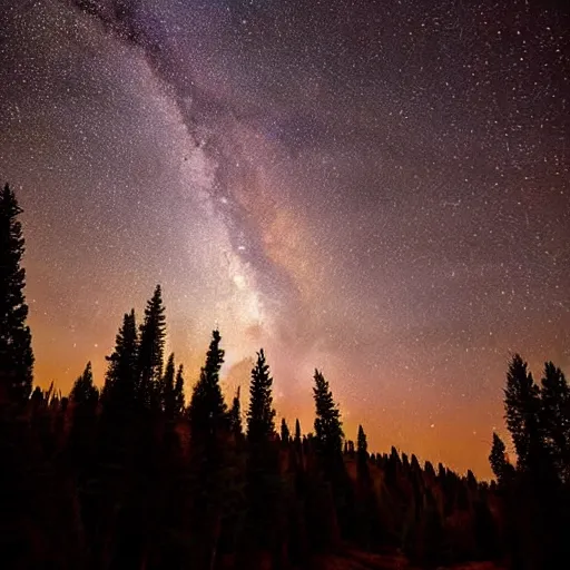 Image similar to silhouettes of pine trees in front of Milky Way galaxy, beautiful nature photography, Astrophotography, award winning