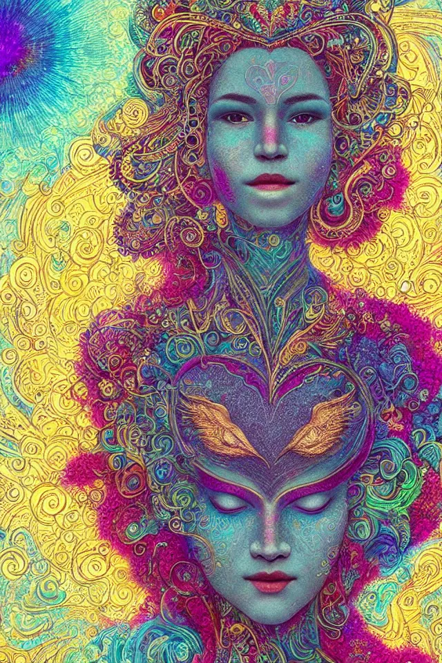 Image similar to a happy beautiful wise spirit goddess in the shape of a heart, meditation, 3 2 k resolution, good vibes, perfect lighting, billions of details, pointillism, fabric embroidery, stunning artwork, android jones, trending on artstation, award winner