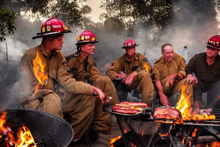 Image similar to closeup potrait firefighters having a barbecue in front of a house fire, natural light, sharp, detailed face, magazine, press, photo, Steve McCurry, David Lazar, Canon, Nikon, focus