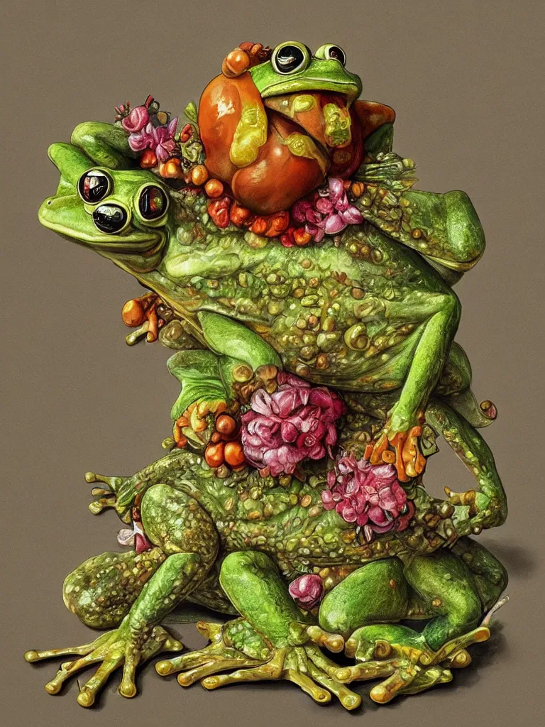 Image similar to Frog in style of Guiseppe Arcimboldo, sharp, masterpiece, artstation