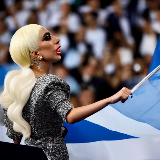 Image similar to Lady Gaga as president, Argentina presidential rally, Argentine flags behind, bokeh, giving a speech, detailed face, Argentina