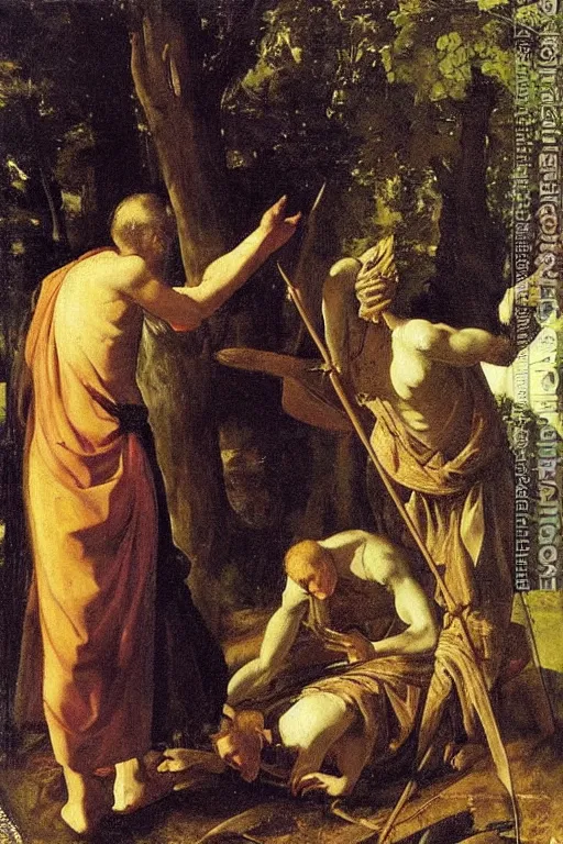 Prompt: artemisia gentileschi oil painting cloaked men trading animals in the woods