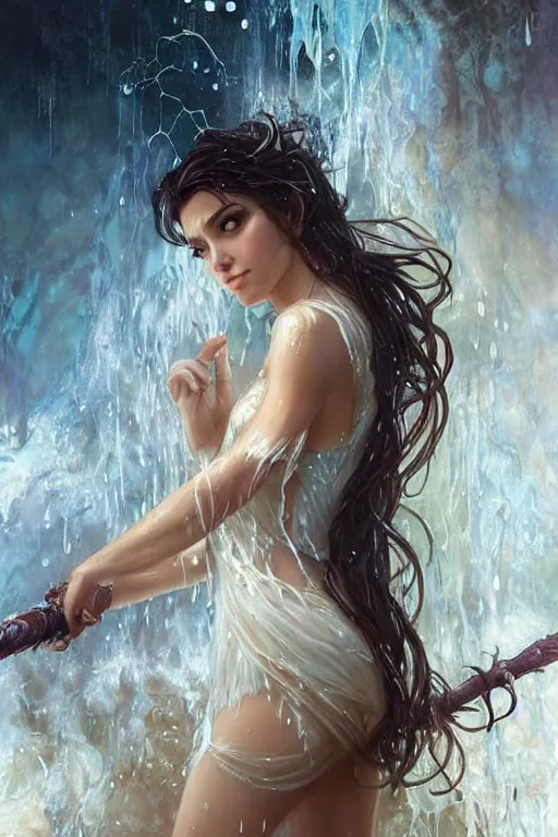 Prompt: portrait of a beautiful spiderwoman wearing a white dress, holding a sword, drenched body, wet dripping hair, emerging from the water, fantasy, regal, fractal crystal, fractal gems, by ross tran, stanley artgerm lau, greg rutkowski, thomas kindkade, alphonse mucha, loish, norman rockwell