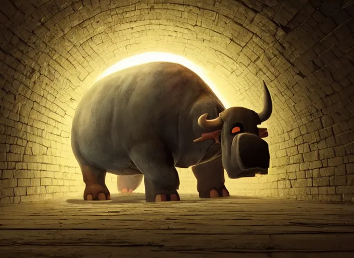 Prompt: the tunnel into winter, cottagecore, giant bull inside church, glowing eyes, by Baksinsky, painted by Goro Fujita