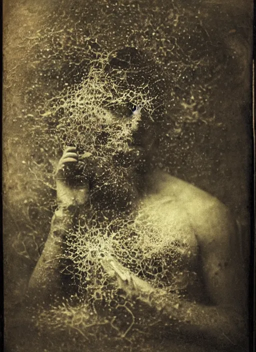 Prompt: old wetplate daguerreotype portrait of the birth of a genius artist, explosion of data fragments, fractal, intricate, elegant, highly detailed, parallax, leica, medium format, subsurface scattering, by jheronimus bosch and greg rutkowski and louis jacques mande daguerre