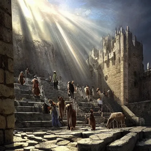 Image similar to a herd of goats! climbing stairs in a beautiful fantasy castle made from white stone and bright copper, medieval city, metropolis, magic, tall towers, sunlight, white marble, god rays, digital art, landscape, fantasy art, octane render, unreal engine, high detail, very realistic, by greg rutkowski. by james gurney