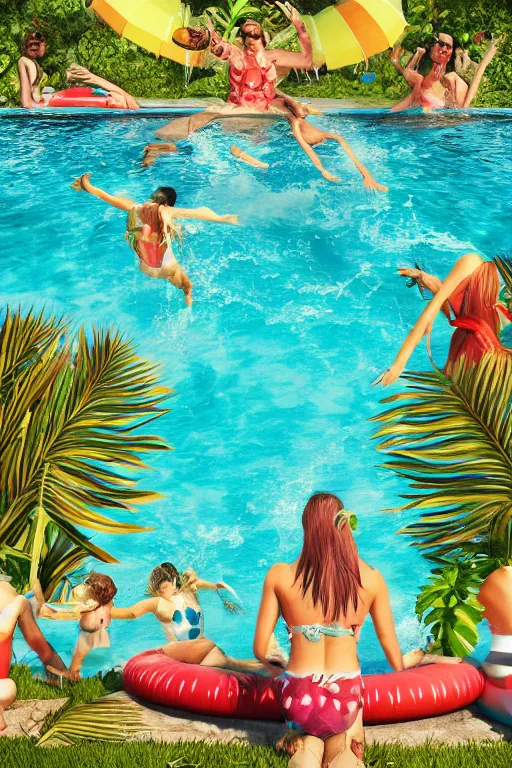 Image similar to summer swimming party, dark fantasy, Hawaii, symmetry, octane render