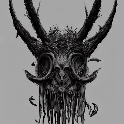 Image similar to ancient magus, fae, ram skull headed creature with black fur, elegant, tendrils, forest, heavy fog, fantasy, hyper realistic