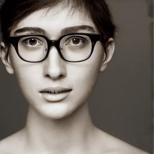 Prompt: a portrait photograph of a nerdy young woman with big glasses, dof, sharp focus, slight smile, highly detailed face, symmetric face, realistic iris, photography by paolo roversi