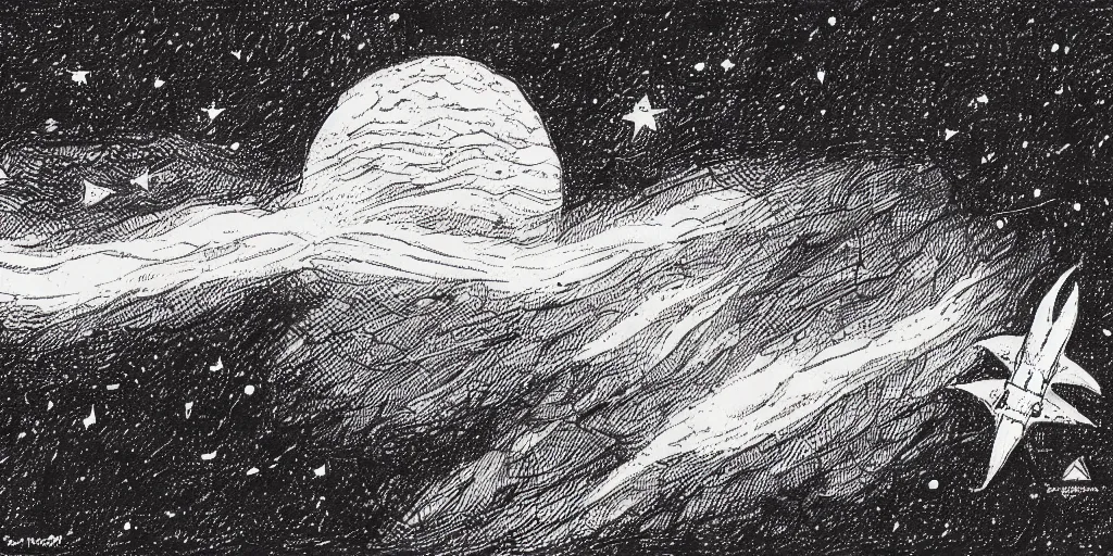 Prompt: ink lineart drawing of a shooting star towards a planet, comet, wide angle, seen from space, artstation, etchings by goya, chinese brush pen, illustration, high contrast, deep black tones contour