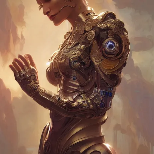 Image similar to portrait of The Cyborg Queen, fantasy, intricate, elegant, highly detailed, digital painting, artstation, concept art, smooth, sharp focus, illustration, art by artgerm and greg rutkowski and alphonse mucha