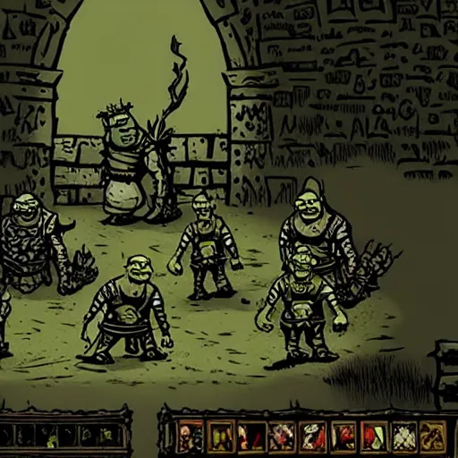 Image similar to shrek as a boss in darkest dungeon, screenshot from a game, highly detailed, dark atmosphere, concept art, 2 d, sideview, cosmic horror, body horror, lovecraft mythos