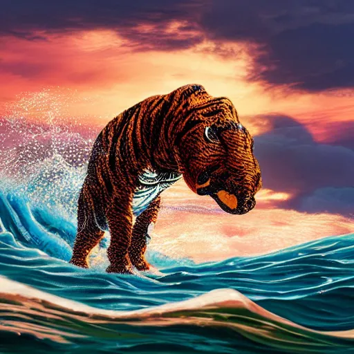 Image similar to a closeup photorealistic photograph of a cute smiling knitted tiger hippopotamus riding a large wave at sunset. surf in the background. professional capture. brightly lit scene. this 4 k hd image is trending on artstation, featured on behance, well - rendered, extra crisp, features intricate detail, epic composition and the style of unreal engine.