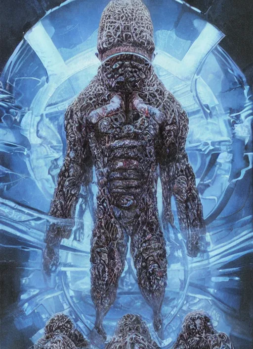 Image similar to astronauts in dark and empty void underwater - complex and hyperdetailed technical suit. reflection and dispersion materials. rays and dispersion of light. volumetric light. 5 0 mm, f / 3 2. noise film photo. flash photography. ultra realistic, wide angle. poster by wayne barlowe, hajime sorayama aaron horkey, craig mullins