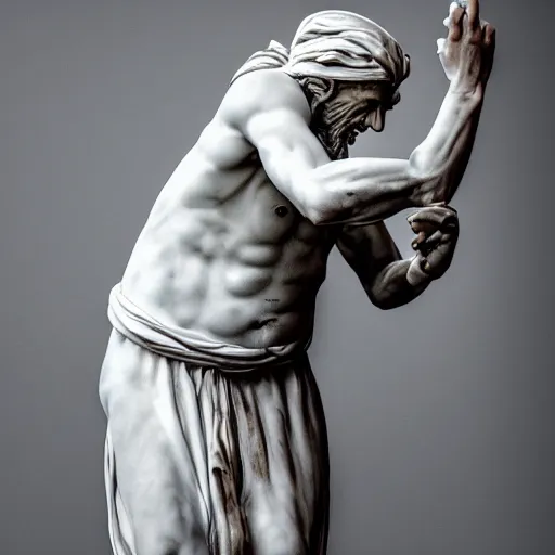 Prompt: a realistic greek white marble statue of adam sandler wearing a ghostly toga getting kicked in the balls, displayed in a museum art gallery, moody, dramatic lighting, dark, photorealistic, cinematic scene, super detailed, hyper realistic, bright lights, 8 k