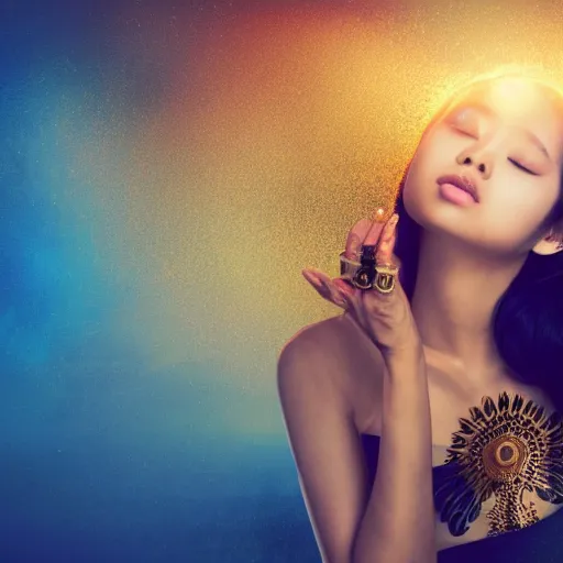 Prompt: asian girl, liquid golden and black fluid, magic hour, dramatic light, liquid painting, golden bodypaint, world best photography, indian patterns, bokeh, golden jewelry filigree, body detaily, ornaments, fresco by michealangelo, golden rays, god rays, epic cinematic wallpaper