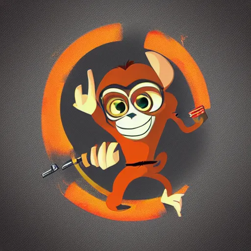 Image similar to “ logo of a monkey in the style of zootopia holding laser gun, with a black background, digital art, award winning, trending on art station, retro style ”