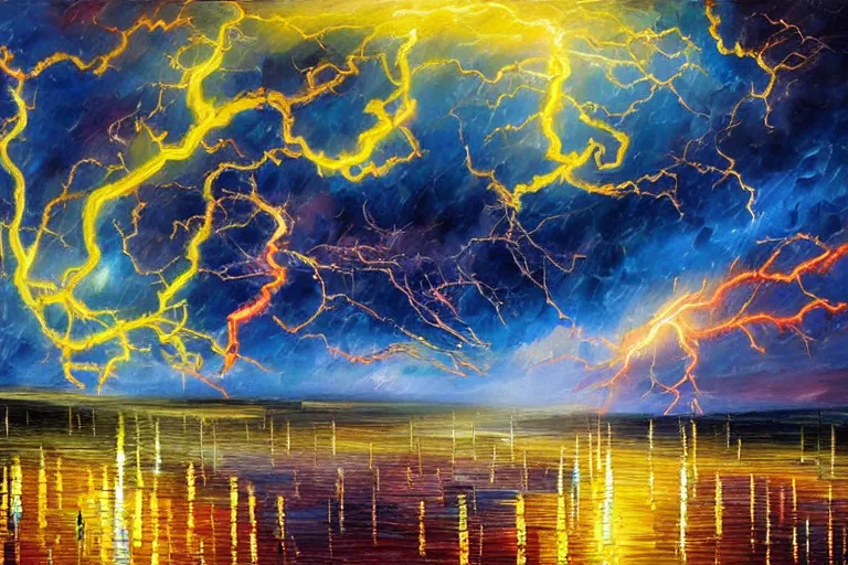 Prompt: A beautiful, highly detailed, very realistic, very vibrant, oil painting in the style of Afremov of a huge ancient Lightning Dragon with lots of light yellow scales flying around clouds glowing bright yellow in the middle of the pitch black sky during a huge lightning storm, in the middle of the night. Light yellow, and bright yellow color scheme, realistic.