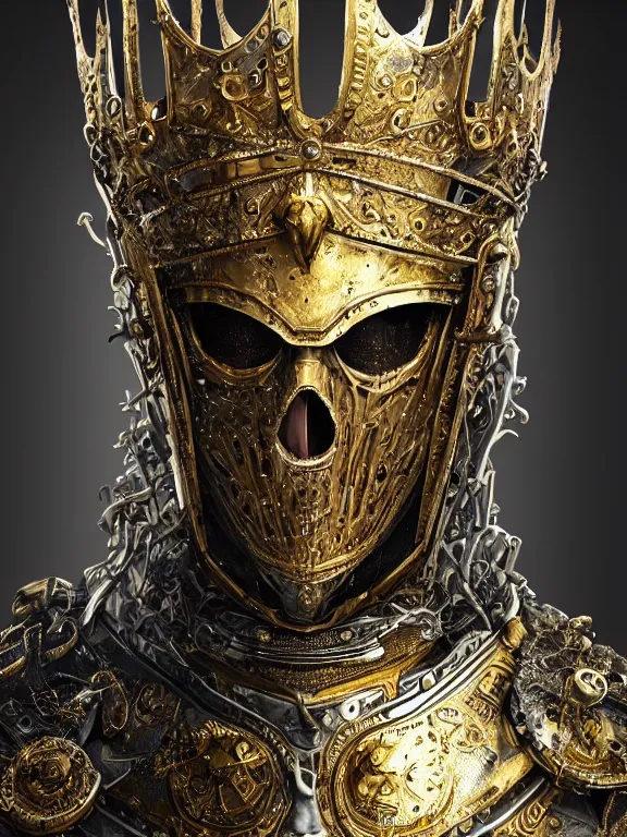 Prompt: portrait art of 8k ultra realistic undead King Arthur, intricate gold crown, detailed intricate ornate armour,decaying, cybernetic, full of colour, cinematic lighting, battered, trending on artstation, 4k, hyperrealistic, focused, extreme details,unreal engine 5, cinematic, masterpiece, art by ayami kojima, giger
