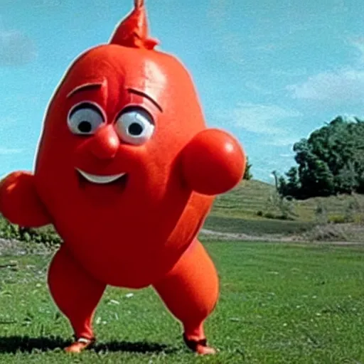 Image similar to film still of the rock in a tomato costume