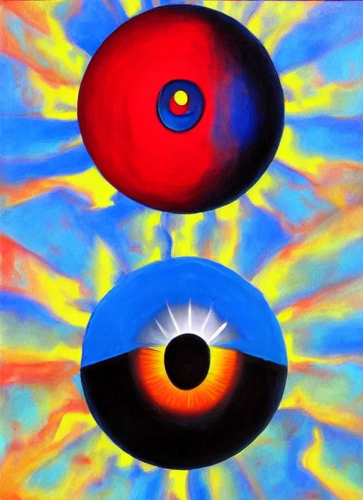 Prompt: a painting of a blue sun with an eye and a black and red object, a surrealist painting by Szymon Kot, deviantart contest winner, metaphysical painting, oil on canvas, surrealist, picasso,