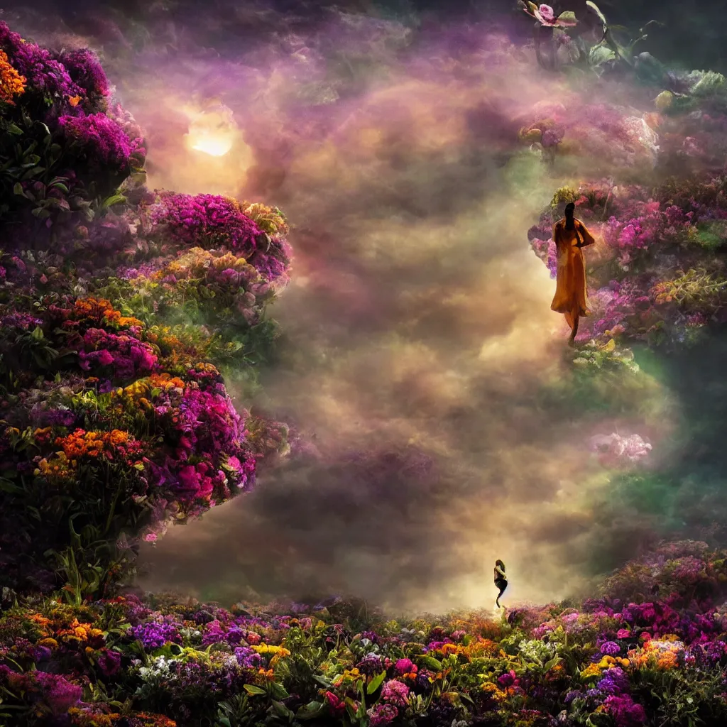 Image similar to a planet of various flowers, fungus and plants, in which the human figure is dressed in something magical and impressive, inside the picture is infinity, sunset light, Atmospheric phenomenon, artistic photography, muted colors, conceptual, long exposure outside the city