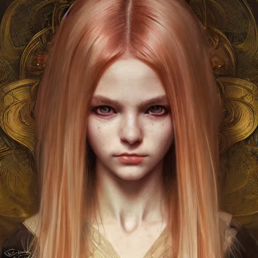 Image similar to portrait of a young girl with blond twin tail hair and red eyes, ultra realistic, concept art, intricate details, eerie, highly detailed, photorealistic, octane render, 8 k, unreal engine. art by artgerm and greg rutkowski and alphonse mucha