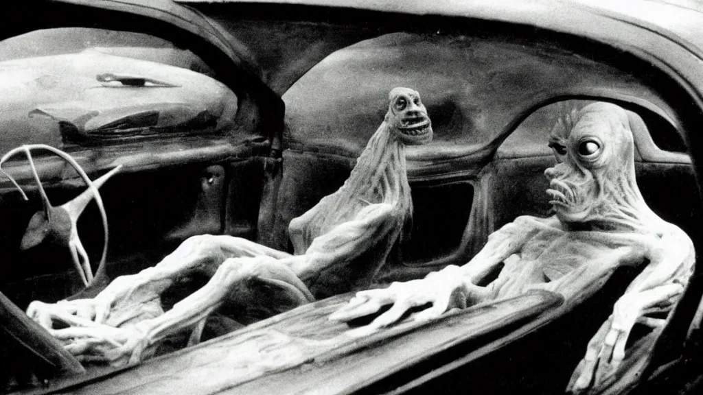 Image similar to the creature sits in a car, made of wax and oil, film still from the movie directed by David Cronenberg with art direction by Salvador Dalí, wide lens