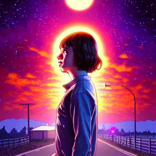 Image similar to eleven from stranger things, nighttime, outdoors, town background, intricate, highly detailed, digital painting, artstation, official media, anime key visual, concept art, ambient lighting, sharp focus, illustration, 1980's anime style, art by Artgerm, Makoto Shinkai, Ilya Kuvshinov, Lois Van Baarle, and Rossdraws