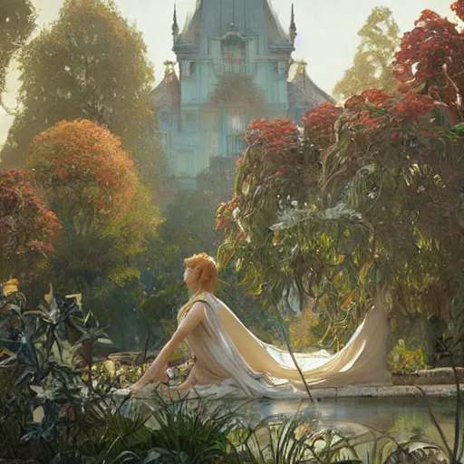 Prompt: palace gardens, highly detailed, digital painting, artstation, concept art, sharp focus, illustration, art by artgerm and greg rutkowski and alphonse mucha