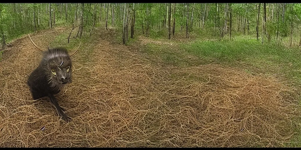 Prompt: trailcam footage of a demon made of spaghetti