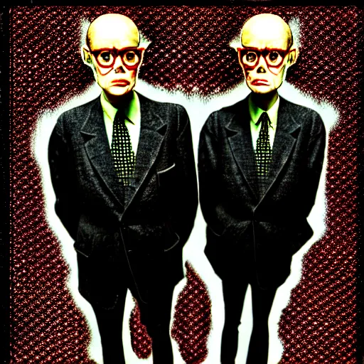 Image similar to stereoscopic image of gilbert and george being possessed by the ghost of alan turing, chromatic aberration, noise, butcher billy style