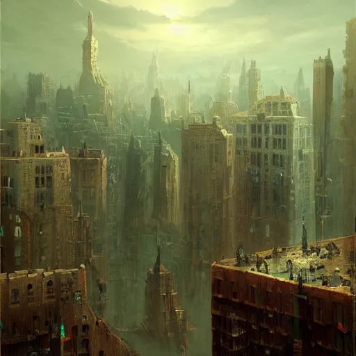 Prompt: a painting of a city floating in the air, a matte painting by marc simonetti, deviantart, fantasy art, apocalypse landscape, matte painting, apocalypse art
