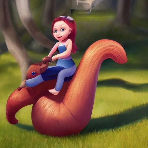 Image similar to girl riding a giant squirrel in the park, trending on artstation