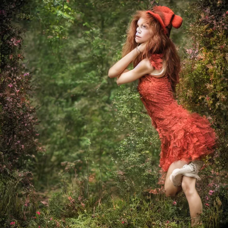Prompt: photo of foxy girl in wonderland, realism, photorealism, sony a 7 r, high detailed