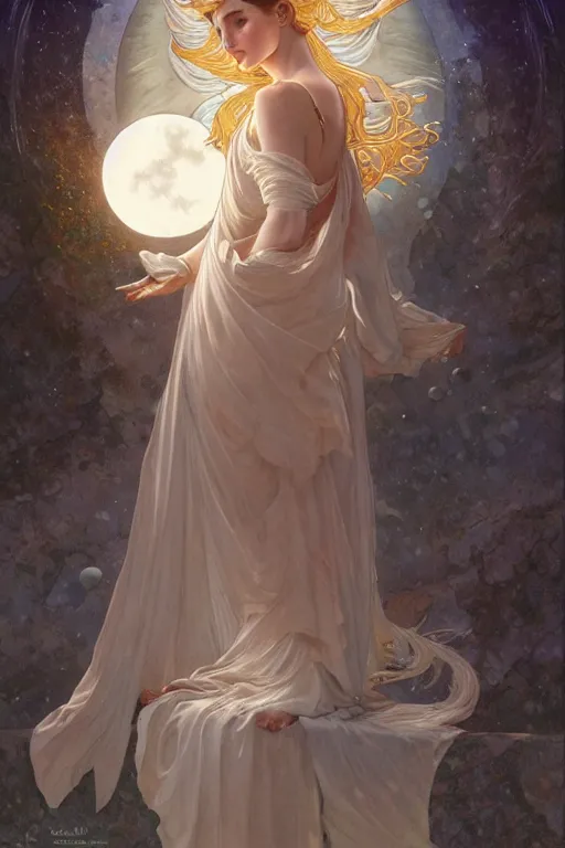 Image similar to goddess of the Moon, elegant, highly detailed, digital painting, artstation, concept art, smooth, sharp focus, illustration, ArtStation, art by artgerm and greg rutkowski and alphonse mucha and J. C. Leyendecker and Edmund Blair Leighton and Charlie Bowater