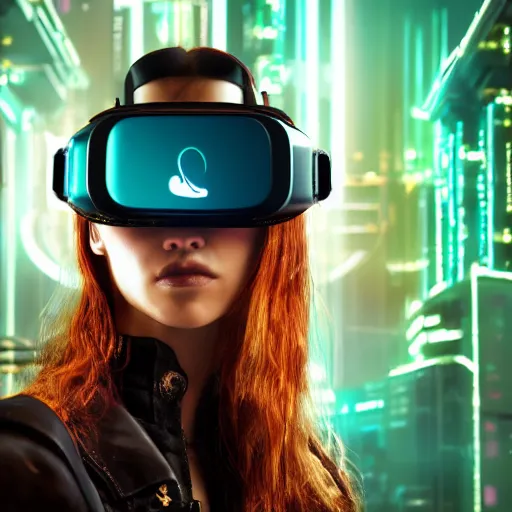 Image similar to a high quality portrait of a beautiful stunning pirate in a cyberpunk cyberpunk cyberpunk cafe wearing a VR visor, realism, 8k, award winning photo