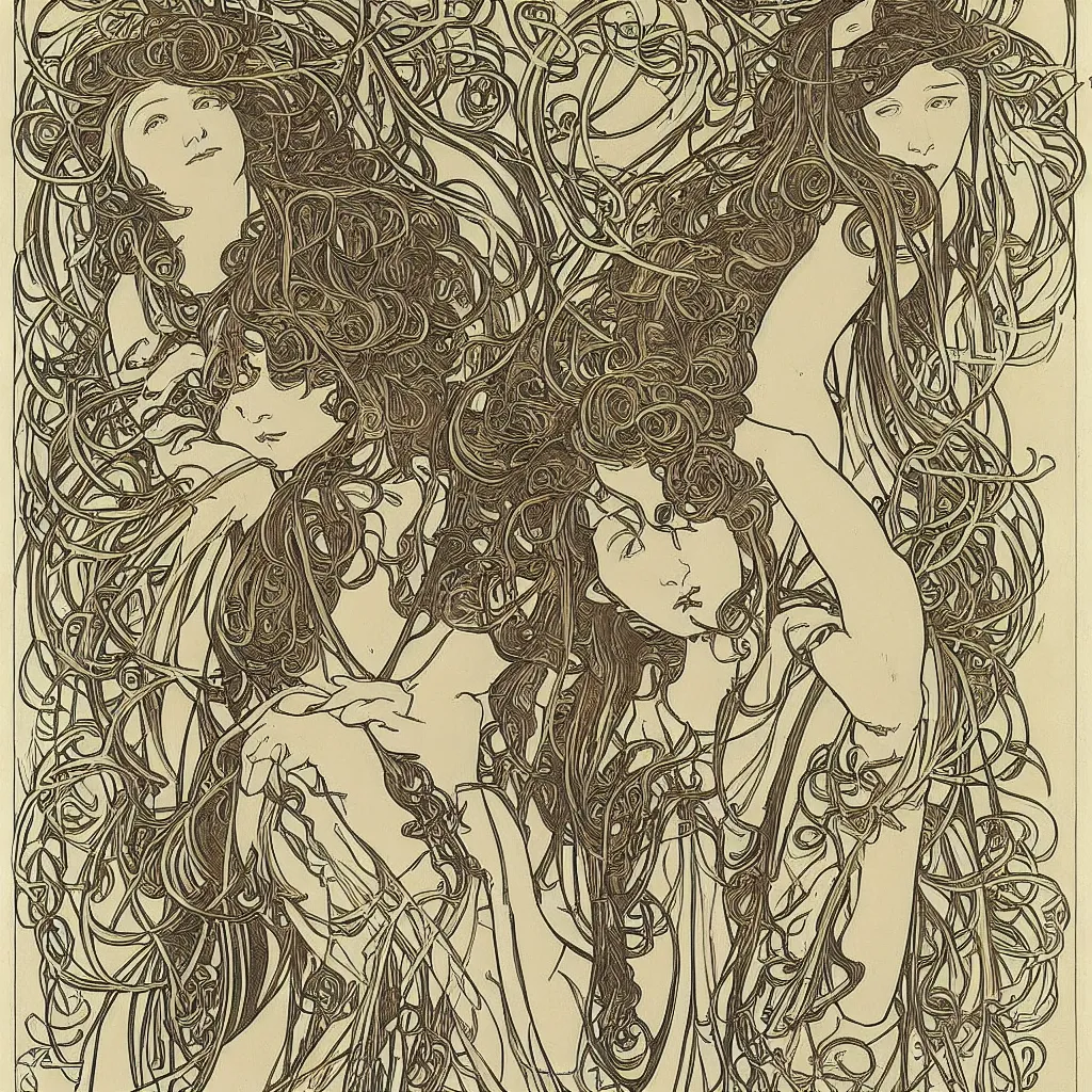 Prompt: organic psychedlic engraving by alphonse mucha and gustave klint