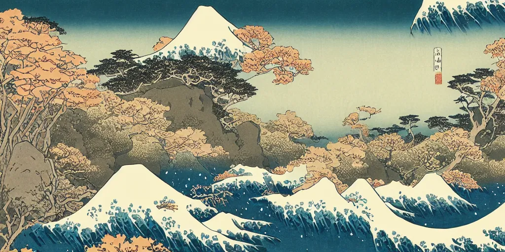 Image similar to beautiful idyllic poster illustration for a craggy snow valley national park, no trees, dragons in the sky, by hokusai