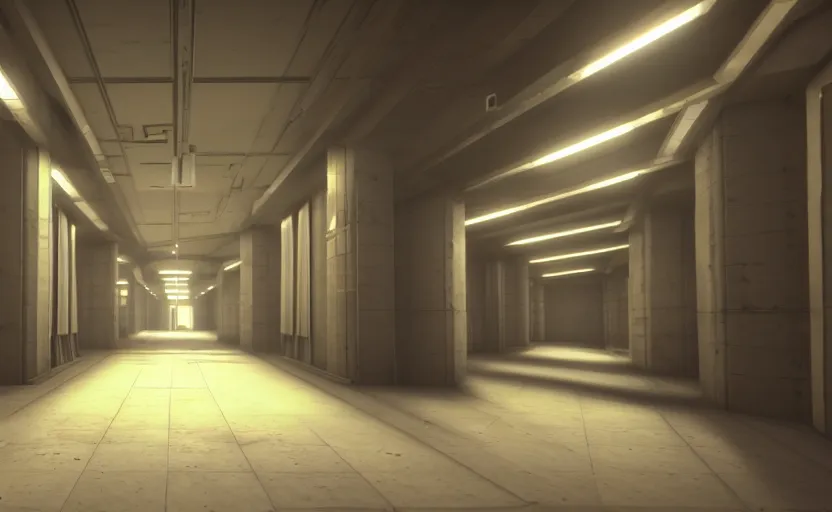 Image similar to screenshot of a game on unreal engine 5, narrow modern hallways of a secret government facility, photorealistic, liminal, retrofuturism, minimalism, soft vintage glow