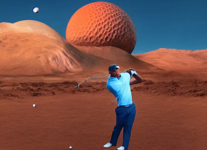 Image similar to portrait of tiger woods playing golf on the planet mars with olympus mons in the background