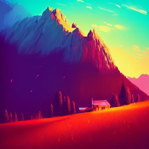Prompt: a two storey building, old, mountains by alena aenami, alena aemani digital art, vibrant, lanscape, digital, detailed building