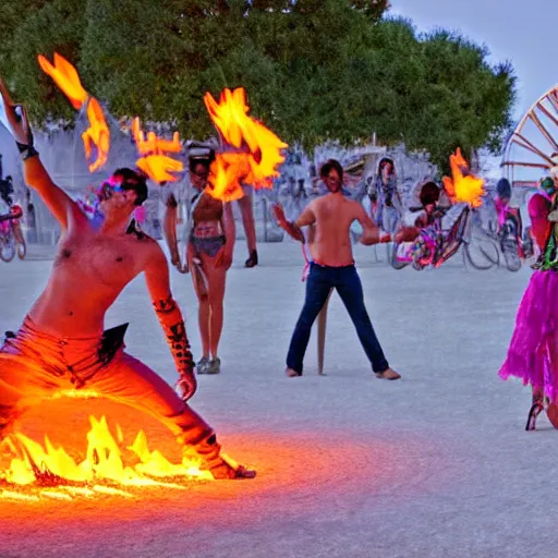 Image similar to burning man camp on the esplanade with fire spinning, art by paul gauguin