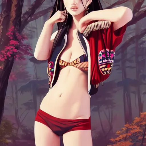 Image similar to a beautiful young japanese natalie portman alluring gravure model, stylized concept art, wearing elaborate oversized designer bomber jacket and one piece bikini, bulky bomber jacket with mesoamerican patterns, mesoamerican native street fashion, princess mononoke, painted by ilya kuvshinov aesthetic, gorgeous, stunning, alluring, attractive, artstation, pinterest, digital art