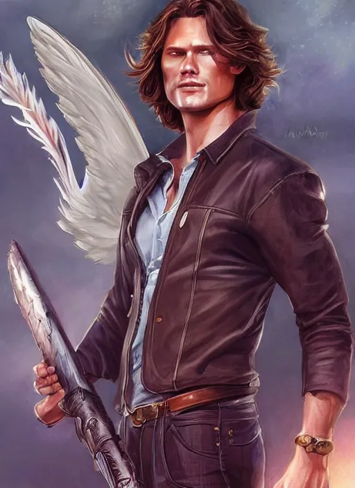 Image similar to handsome! Sam Winchester as a very masculine angel starring a urban fantasy romance book cover, D&D!, fantasy style, sharp focus!, ultra detailed, art by Artgerm and Peter Andrew Jones, WLUP