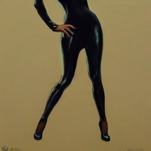 Prompt: a painting of a female in skintight dress. by randolph hewton and edward robert hughes. trending on artstation, highly detailed